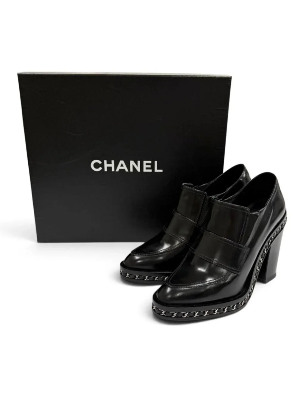 Chanel Leather Loafers Bootie with CC Logo Chain Black Silver 36.5 Boot